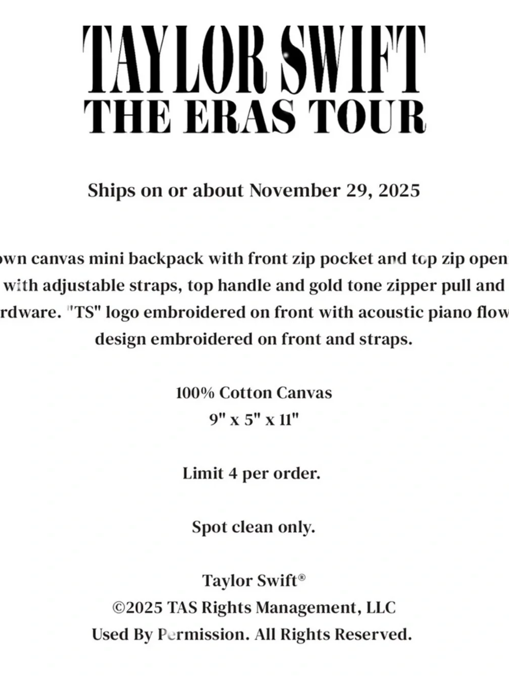 Taylor Swift | The Eras Tour Acoustic Piano Mini Backpack